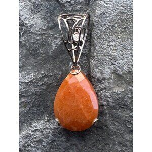 Orange Aventurine Teardrop Pendant With Ornate Silver Bail 1.5 Inch Length Handc